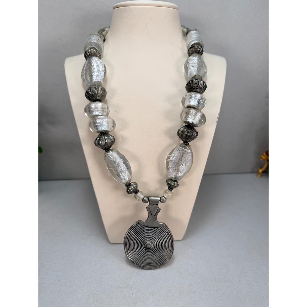 Statement Art Glass Beaded Necklace Silver Foil Glass Large Pendant Handmade